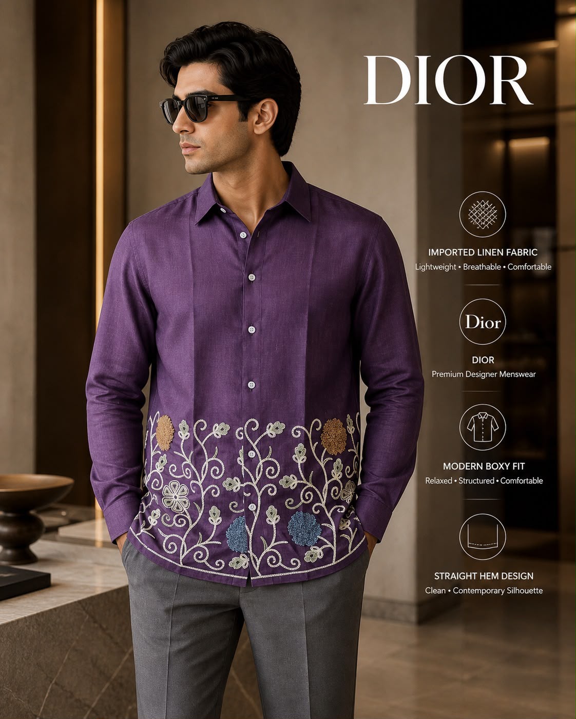 GENSI Men’s Floral Embroidered Imported Linen Shirt