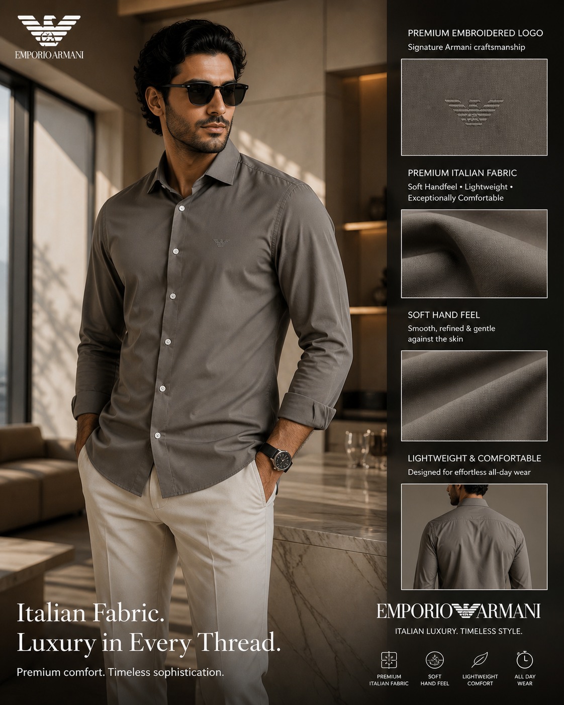 GENSI Men's Charcoal Grey Italian Fabric Full-Sleeve Solid Casual Shirt