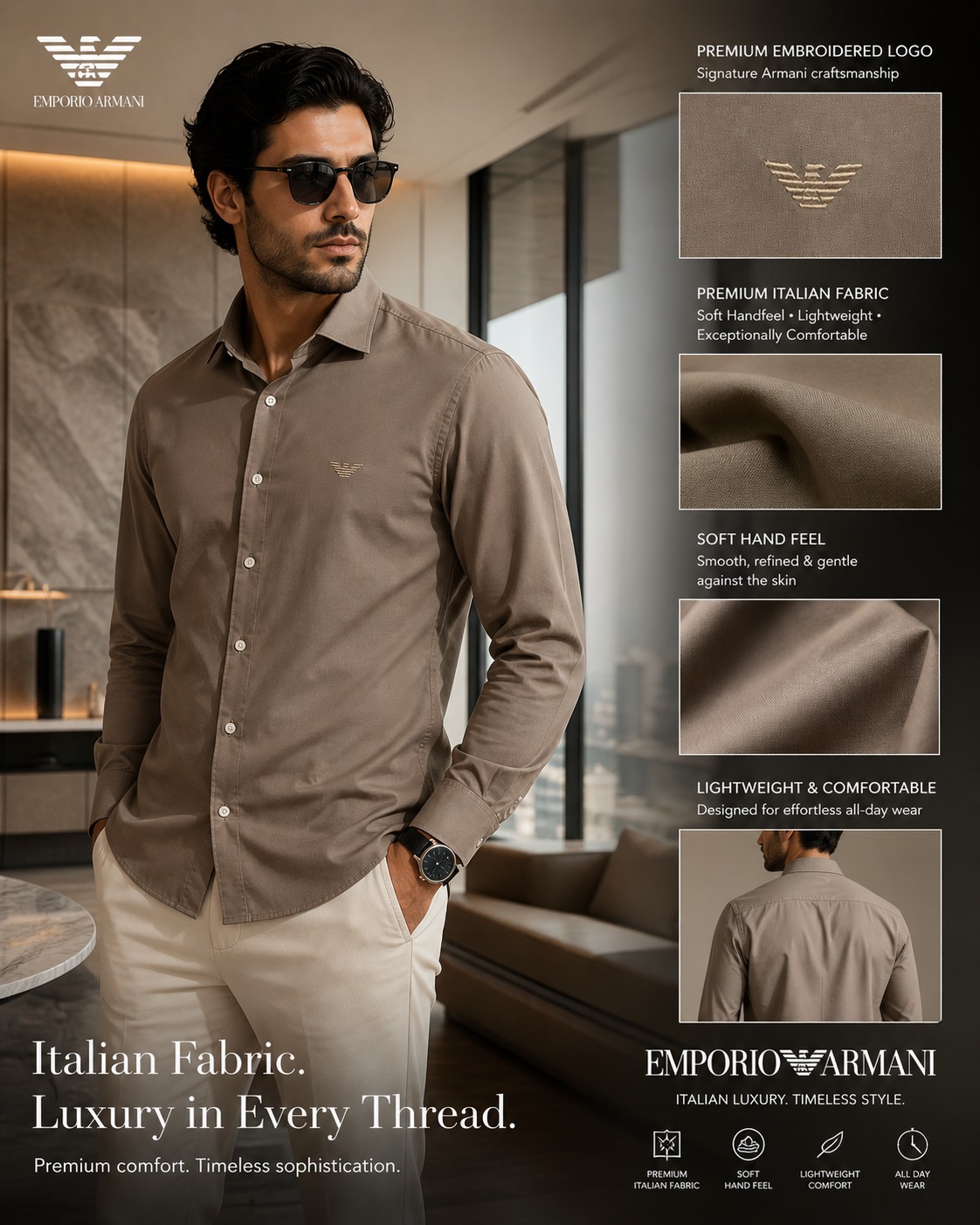 GENSI Men's Taupe Italian Fabric Full-Sleeve Solid Casual Shirt