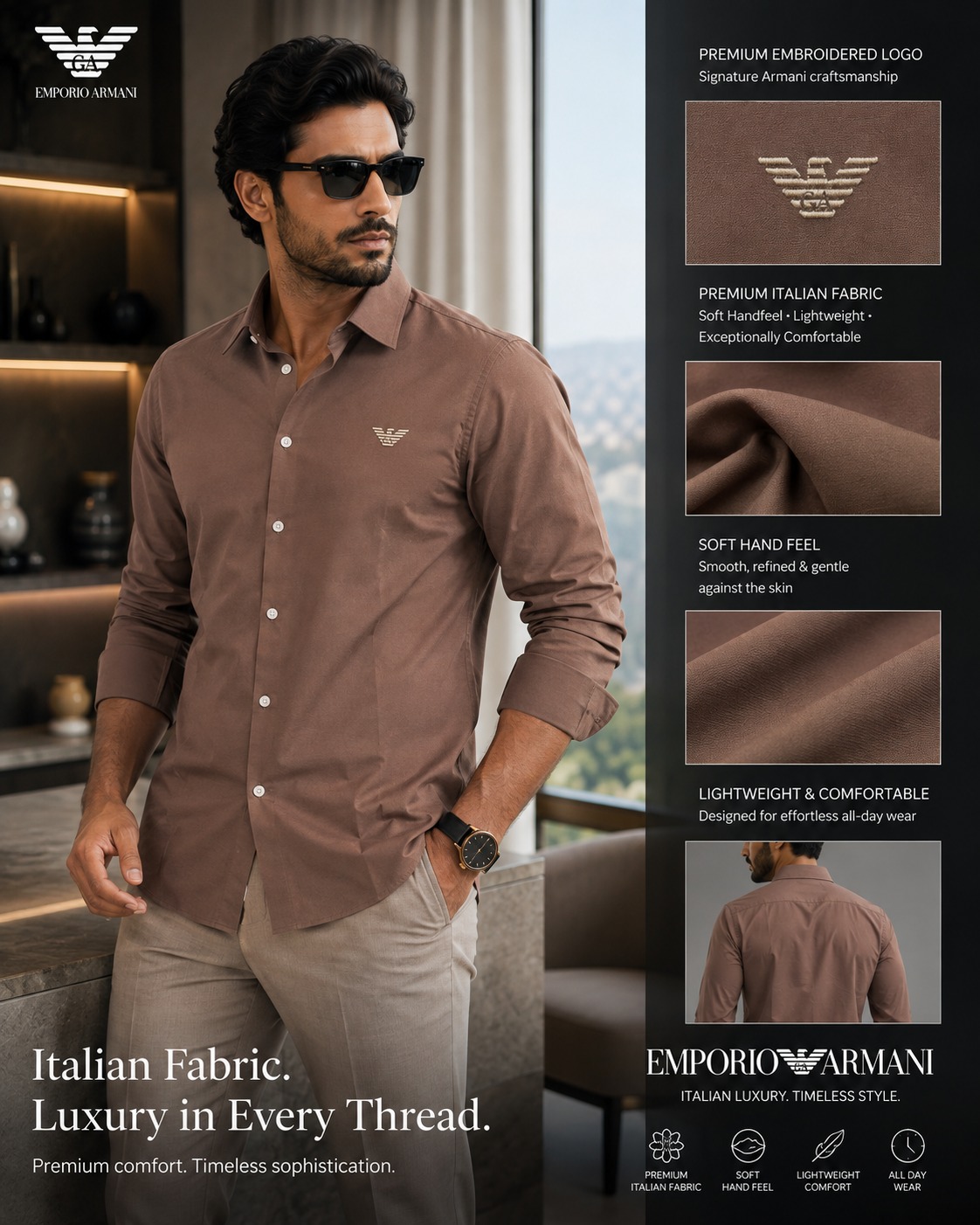 GENSI Men's Chocolate Brown Italian Fabric Full-Sleeve Solid Casual Shirt