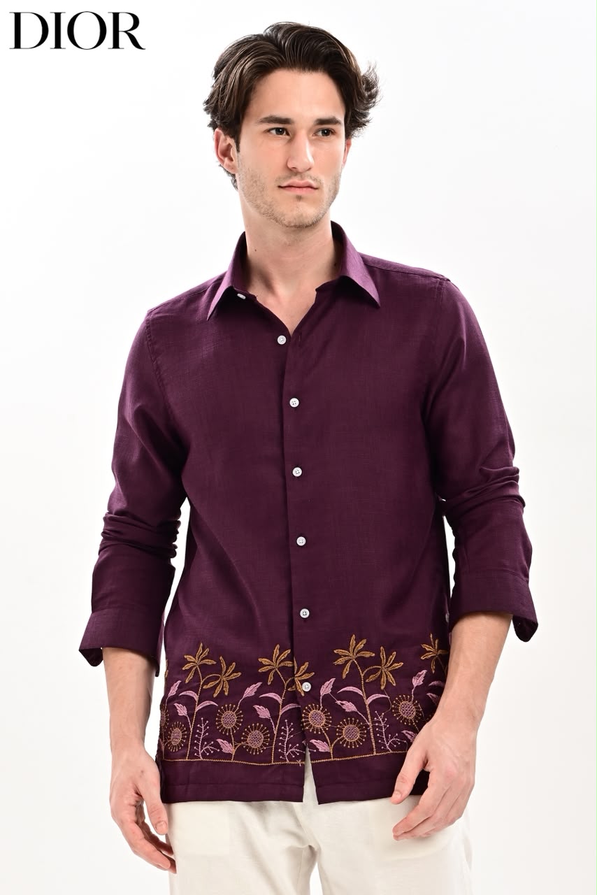 GENSI Men's Deep Plum Floral Embroidered Full-Sleeve Cotton Shirt