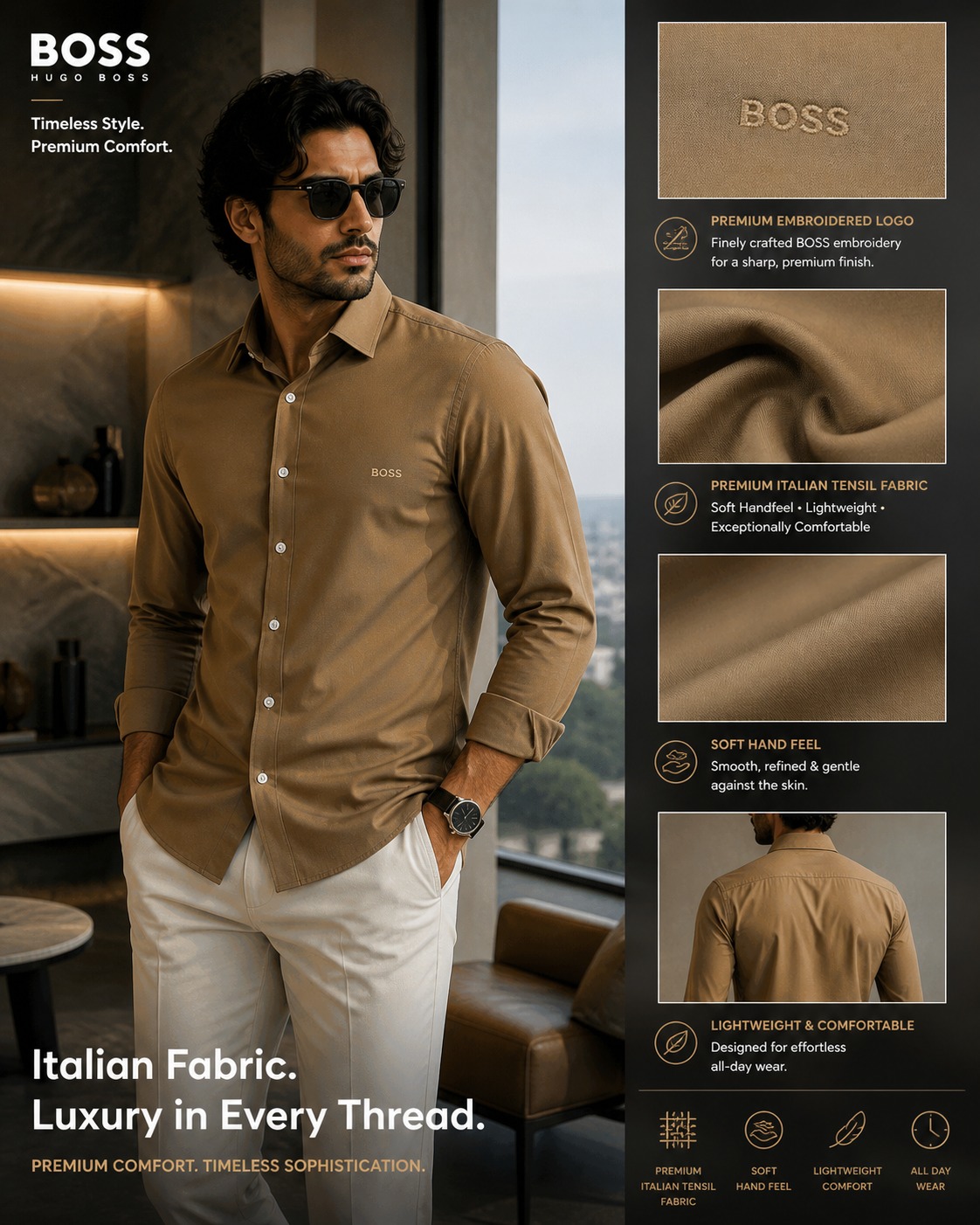GENSI Men's Beige Italian Tencel Full-Sleeve Solid Casual Shirt